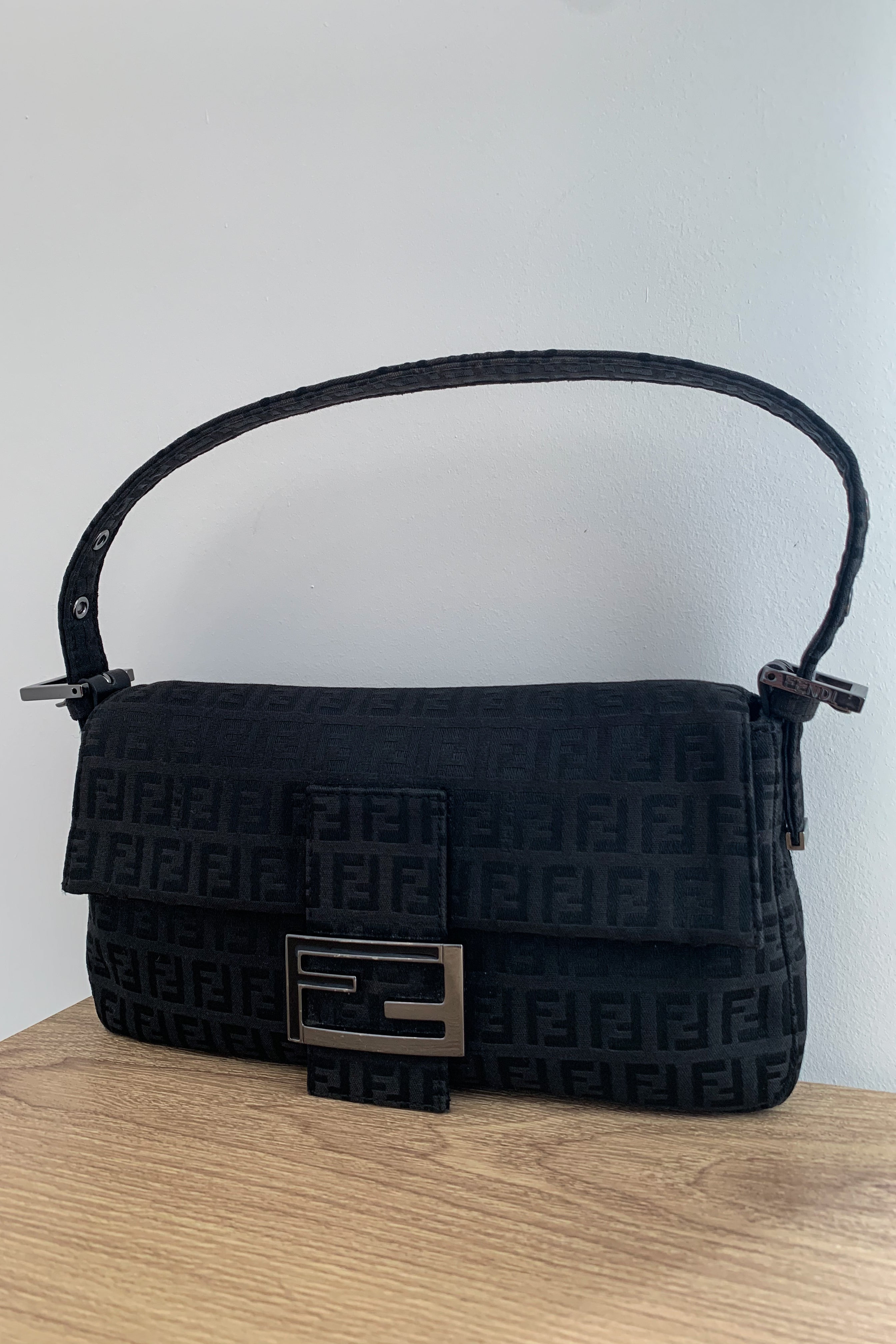 Vintage FENDI Black Zucchino Baguette Bag in Canvas Leather 